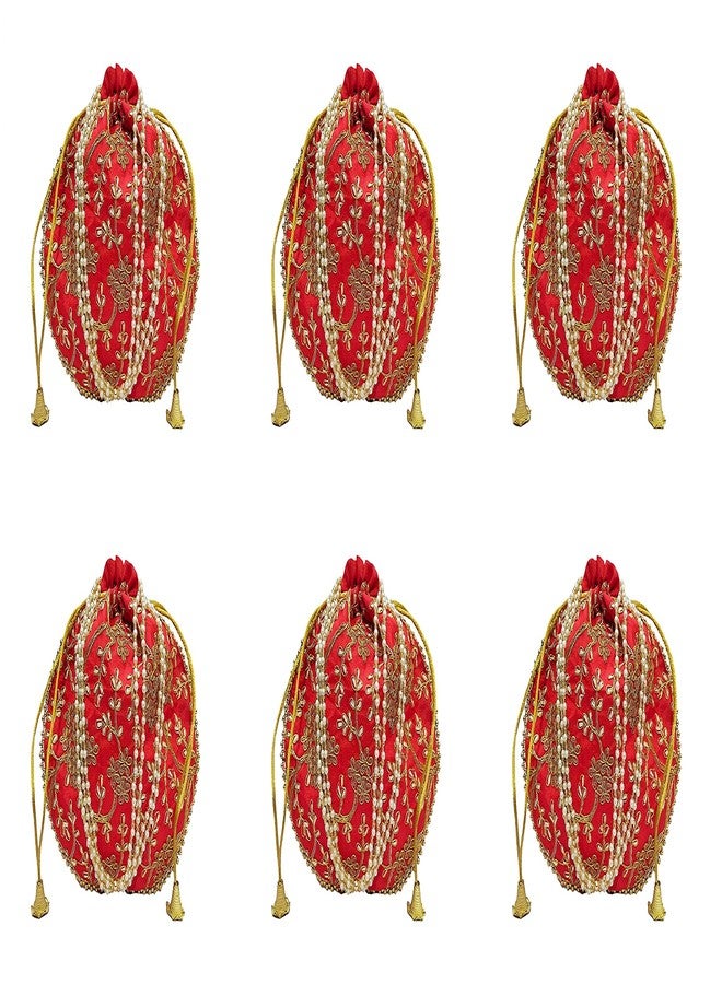 athizay Wedding Return gifting potli combo of 6 pieces || drawstring closure ||,medium size || fits large mobile phone (Red, Golden) - Image 1